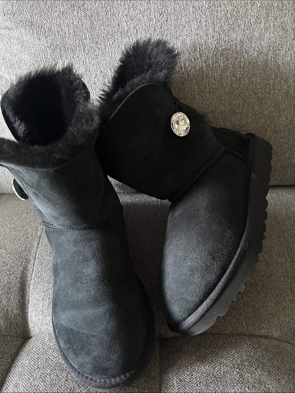 UGG Black Suede Short Winter Boots with Fur Cuff and Button Accent